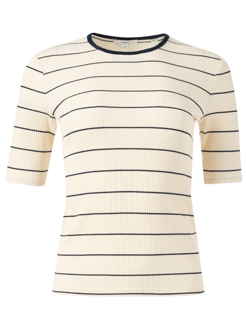 Cream-Colored Striped Stretch Cotton Crew Neck Top