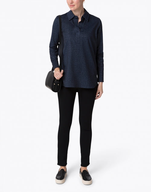 Navy Blue Denim-Style Hadley Henley Knit Top for a Fashionable Look