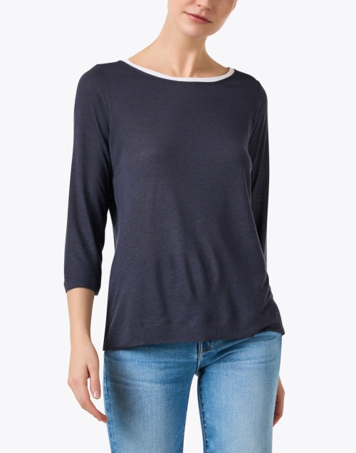 Navy and White Lightweight Linen Blend Knit Women's Top for Casual Wear