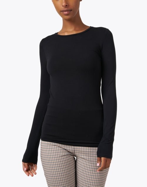 Black Long-Sleeved Crew Neck Stretchable Viscose Women's Top for All Seasons