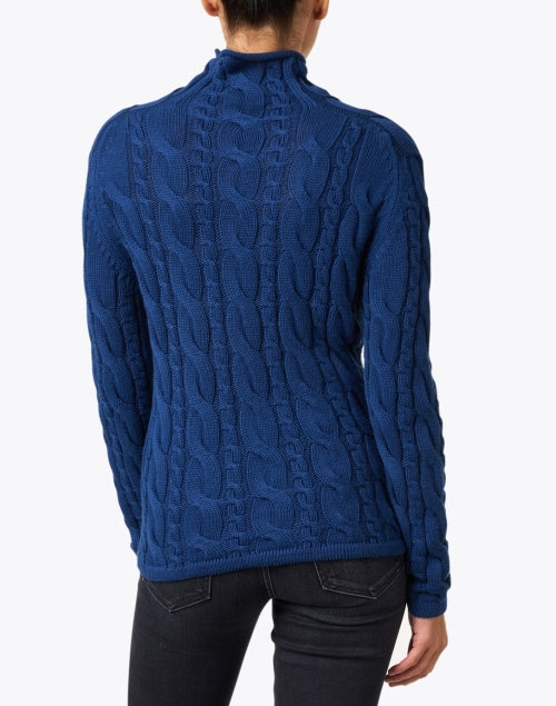 Fall Cobalt Blue Pima Cotton Cable Knit Cozy Mock Neck Sweater