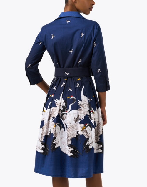 Audrey Navy Blue Crane Patterned Cotton Stretch Women's Shirt Dress