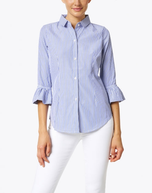 Navy and White Striped Cotton Blend Button - Down Women's Top for Everyday Wear