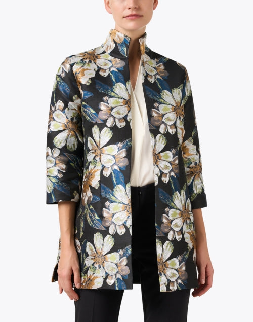 Stylish Rita Black Floral Jacquard Longline Jacket for Special Events
