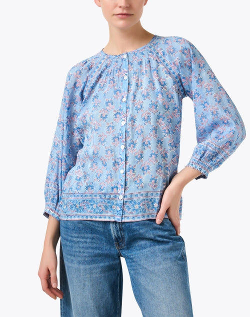 Courtney Women's Fashionable Blue and Pink Printed Cotton - Silk Blend Top