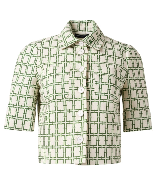Stylish Green Geometric Print Premium Cotton-Linen Short Sleeve Top by Tara Jarmon