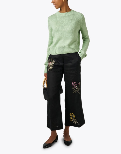 Stylish Black Floral - Embroidered Lightweight Linen Wide - Leg Pants