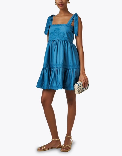 Stylish Blue Embroidered Cotton Mini Dress for Resort Wear
