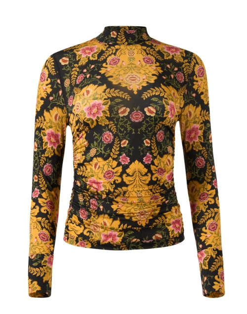 Soft Stretch Gold Multi Floral Print Mock Neck Top