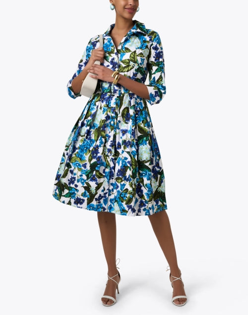 Stylish Audrey Blue and White Printed Cotton Stretch Shirt Dress