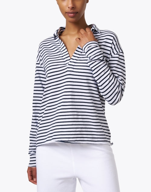 Frank & Eileen Patrick Style Navy and White Striped Popover Henley Casual Top for Everyday Wear