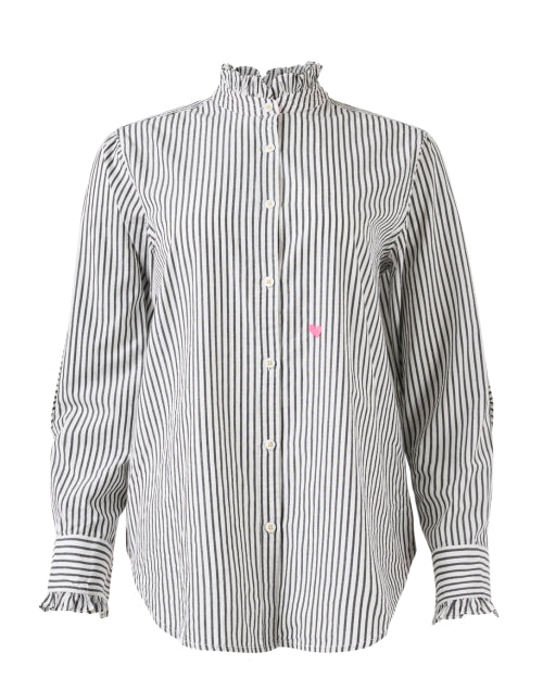 Stylish Mia Black and White Striped Button - Front Shirt with Feminine Details