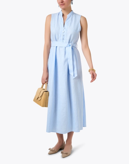 Elegant Blue 100% Linen A-Line Dress with Mandarin Collar