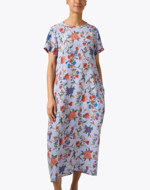 Weekend Max Mara Revere Style Blue Floral Pattern Silk Women's Dress