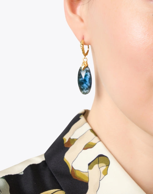 Exquisite 14k Gold - Plated Brut Blue Moss Agate Drop Earrings