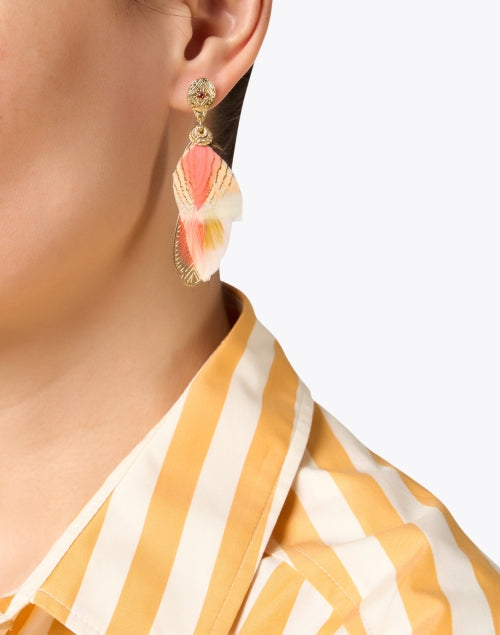 Gas Bijoux Handmade French 24k Gold Plated Orange Quartz Accented Feather Drop Post - Back Earrings