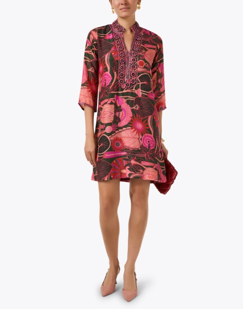 Stylish Pink Multi Floral Patterned Women's Tunic Dress for Casual Wear