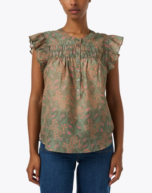 Xirena Bria Olive Green Printed Cotton - Silk Stylish Top