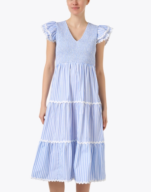 Stylish Blue and White Striped Smocked Cotton Women's Dress for Warm Weather