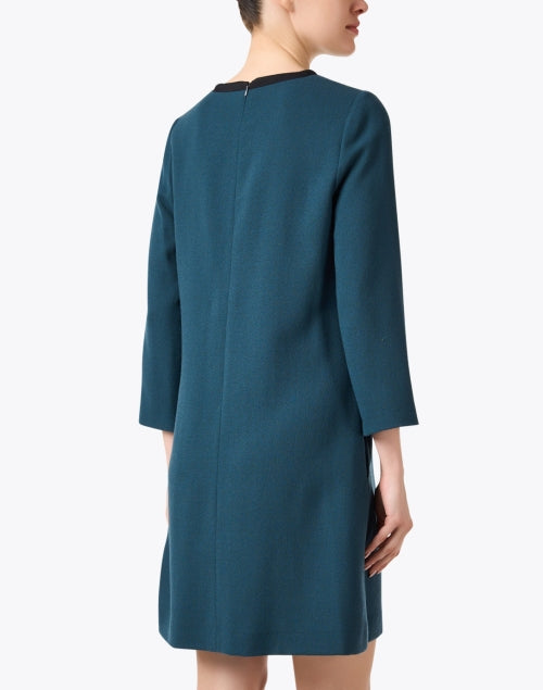 Jane's Lightweight Teal Wool Crepe Mini Shift Dress with Neck Bow