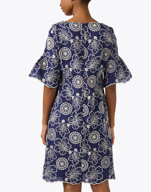 Navy Blue Floral Pattern Embroidered Women's Dress