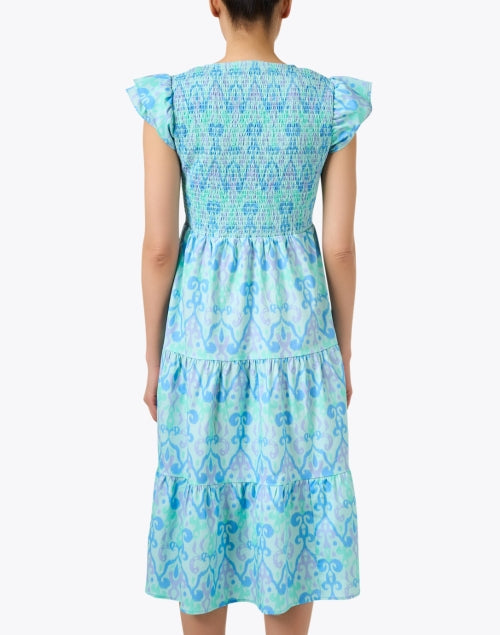 Stylish Blue Ikat-patterned Smocked 100% Cotton Poplin Dress
