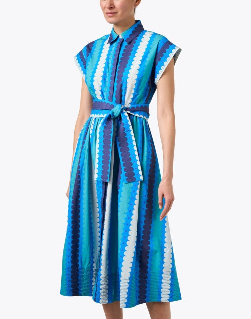 Meko Stylish Blue Striped Cotton Shirt Dress with Self - Tie Belt
