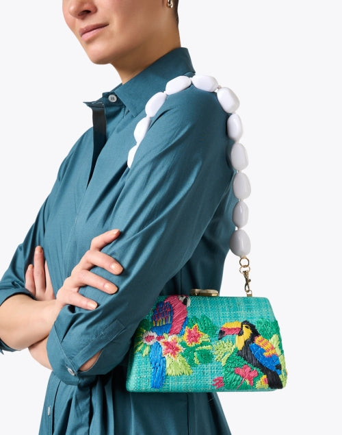 Stylish Turquoise Embroidered Raffia Handheld Clutch Bag - Candice Design