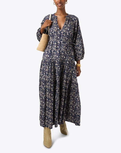 Stylish Luminile Navy Floral Women's Cotton Casual Dress