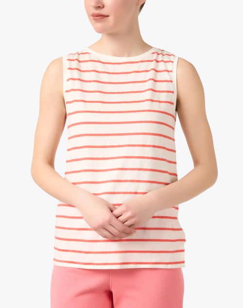 Stylish Coral and White Striped Sleeveless Linen Blend Women's Top for Everyday Wear