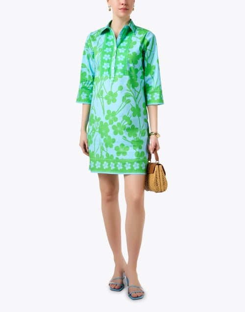 Women's Blue and Green Floral Printed Stretch Cotton Shirt Dress for Transitional Styling