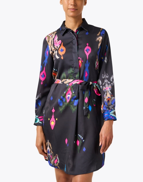 Vilagallo's Lightweight Black Ana Ikat Printed Shirt Dress
