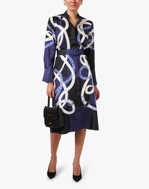 Elegant Cambridge Navy-Printed Silk Women's Dress