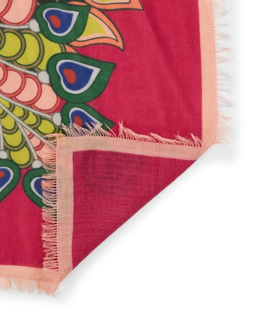 Soft Pink Peacock Patterned Wool Scarf with Eyelash Fringe