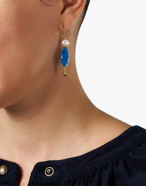 Exquisite Gold Plated Pearl and Blue Stone Post - Back Earrings