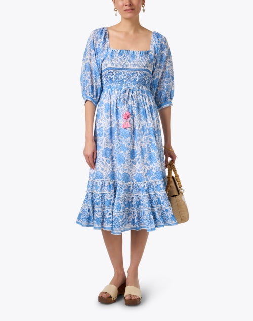 Bell's Millie Women's Blue Floral Print Cotton Silk Blend Casual Dress