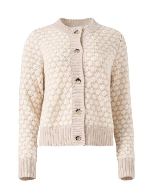 Stylish Beige and White Scallop Patterned Wool - Cashmere Blend Cardigan