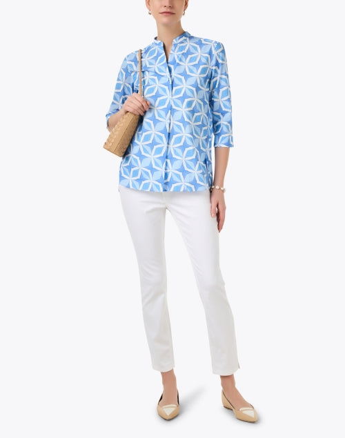 Blue and White Geometric Patterned Stretch Cotton Women's Blouse for Warm Weather