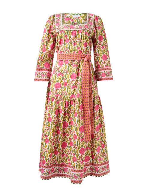 Stylish Hippie-inspired Pink and Green Floral Women's Midi Dress