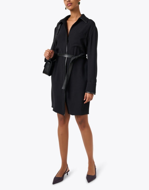 Black Faux Leather Trimmed Sophisticated Shirt Style Dress