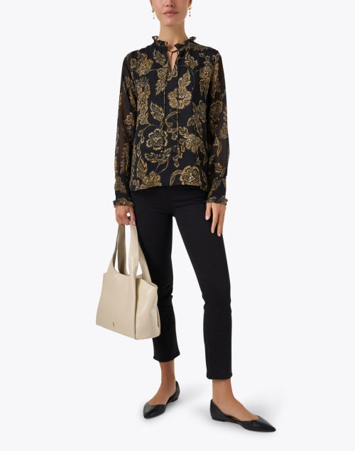 Black Cotton Top with Elegant Gold Floral Motif by Bella Tu
