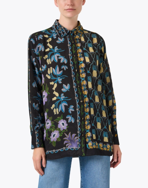 Stylish Black Shirt with Intricate Multi - Print Floral and Botanical Motifs