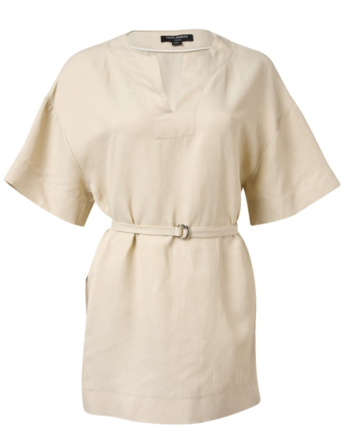 Elegant Beige Linen Blend Belted Longline Tunic Top