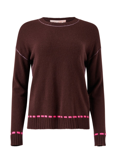 Chic Dash Brown 100% Cashmere Sweater with Pink Stitch Detailing