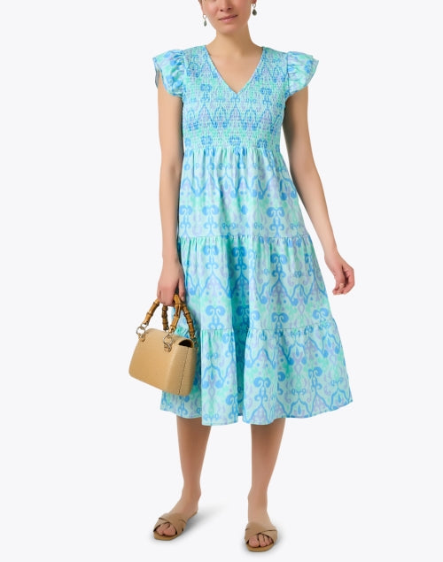 Stylish Blue Ikat-patterned Smocked 100% Cotton Poplin Dress