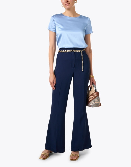 Blue Lightweight Stretch Crepe Fabric Wide Leg Women's Trousers
