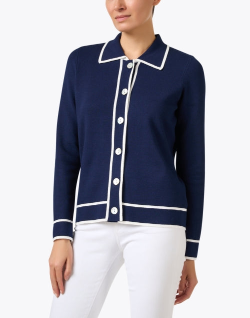 Navy and White Knitted Cardigan-style Jacket for Comfortable Wear