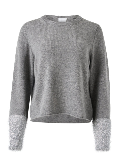Stylish Grey Wool Blend Sweater with Festive Tinsel Cuffs