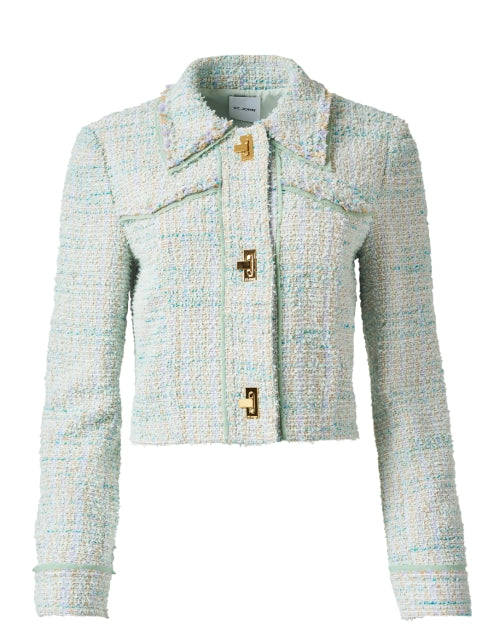 Stylish Mint Green Tweed Cropped Jacket with Gold Buttons