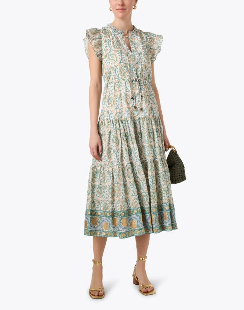 Stylish Marseille Gold and Green Printed Tiered Cotton Dress